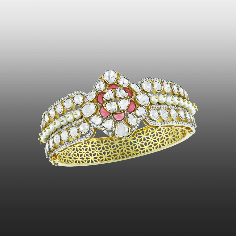 Floral Polki Bangle with Pink Talaf and Studded Pearls
